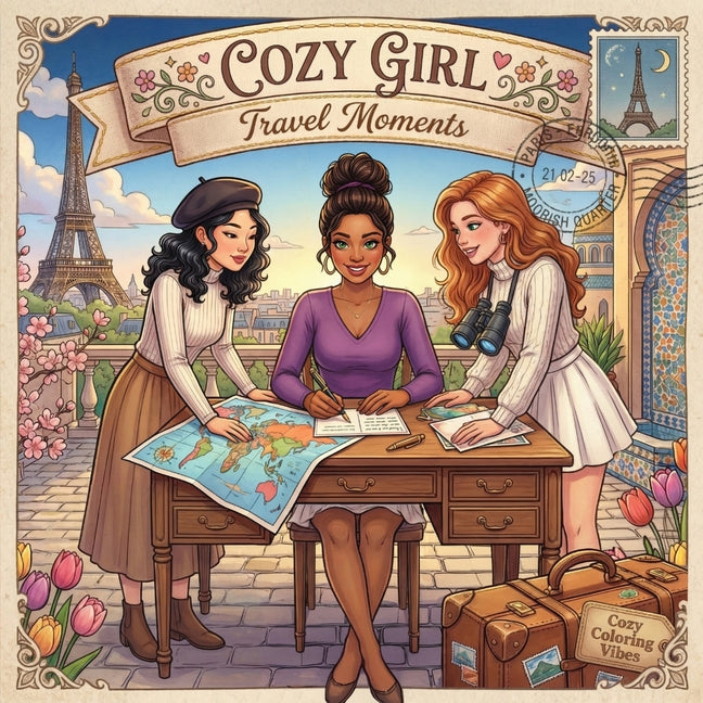 Cozy Girl Travel Moments: Relaxing Adult Activity Coloring Book Aesthetic Comfy Hygge World Destinations, Vintage Souvenir Scenes, Nostalgic Vacation