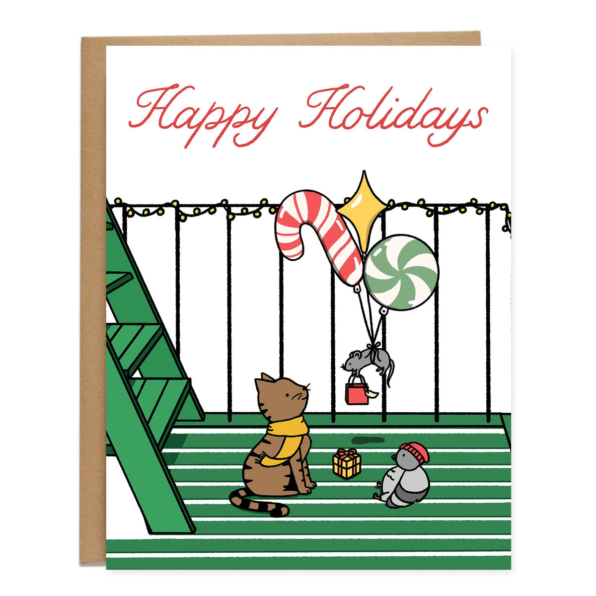 Fire Escape Holiday Card, Cat, Pizza Rat, Pigeon, NYC