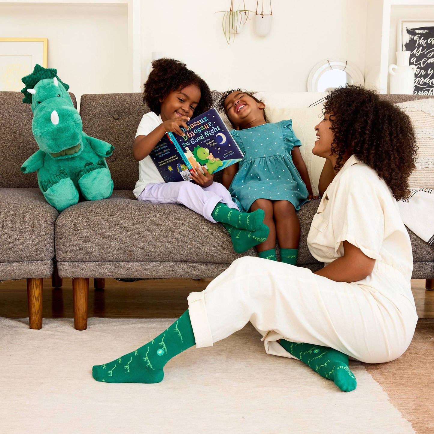 Kids Socks that Give Books | Green Dinosaurs