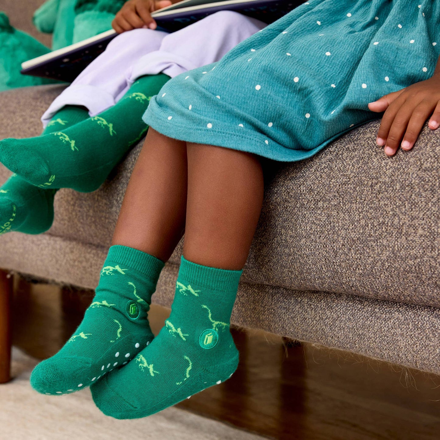 Kids Socks that Give Books | Green Dinosaurs