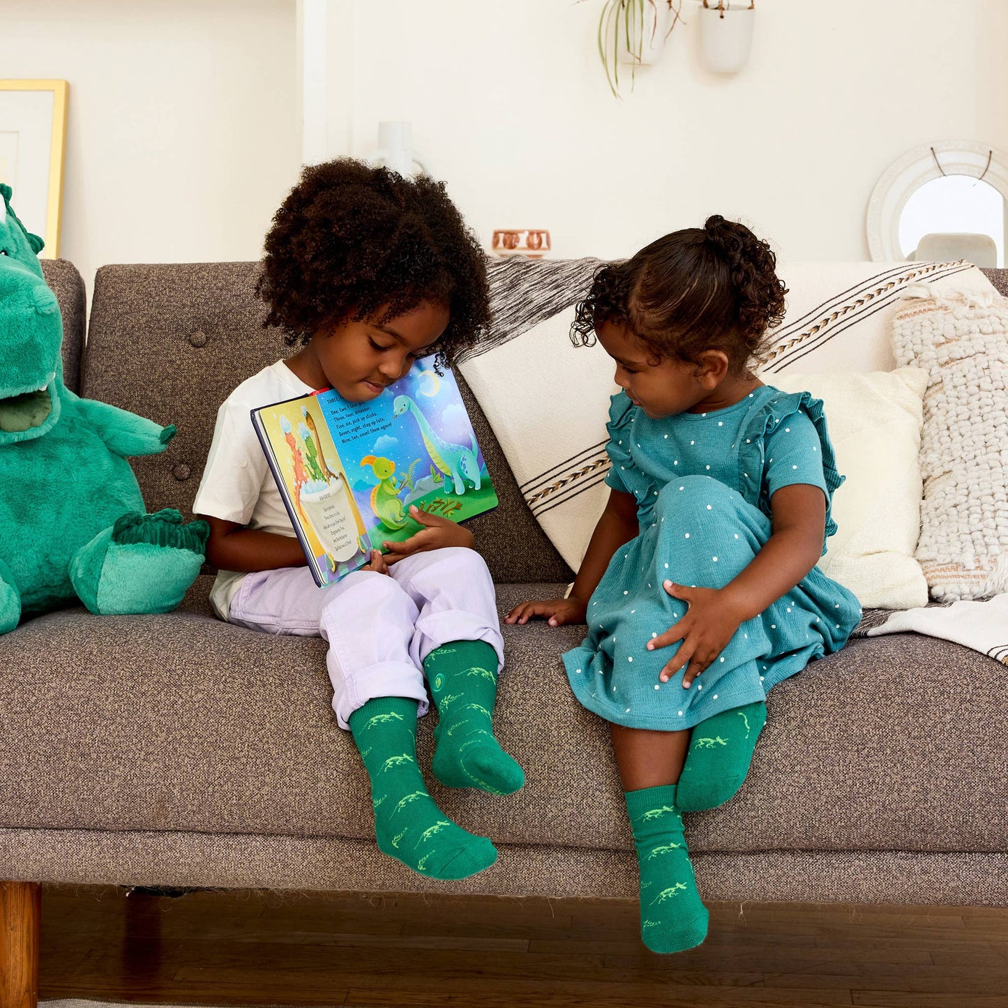Kids Socks that Give Books | Green Dinosaurs